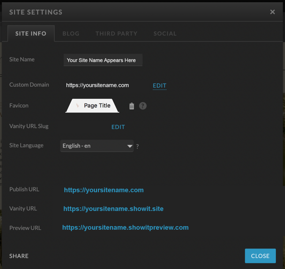 Site settings to set up a blog on your Showit site