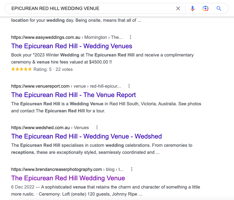 Brendan Creaser SEO Results - Epicurean Red Hill Wedding Venue