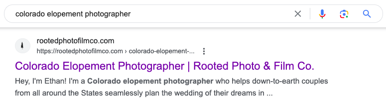 Ethan Lewis - Colorado Elopement photographer organic search result