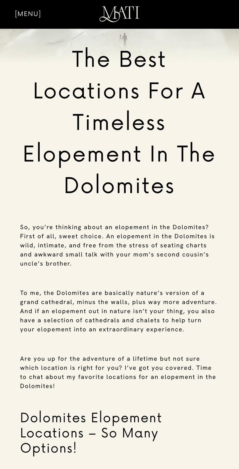 Mati Photography - Website Copywriting, SEO & Blogs - Case Study - Dolomites Elopement Blog Mati Photography - Website Copywriting, SEO & Blogs - Case Study - Dolomites Elopement Blog