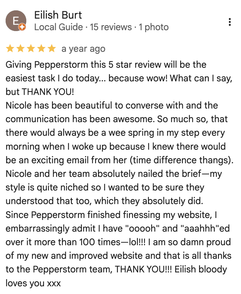 Eilish Burt - Pepperstorm Website Copywriting & SEO Google Review