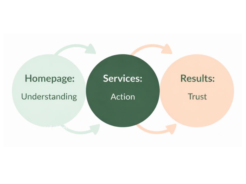 Homepage, Services, and Results are the three essential webpages