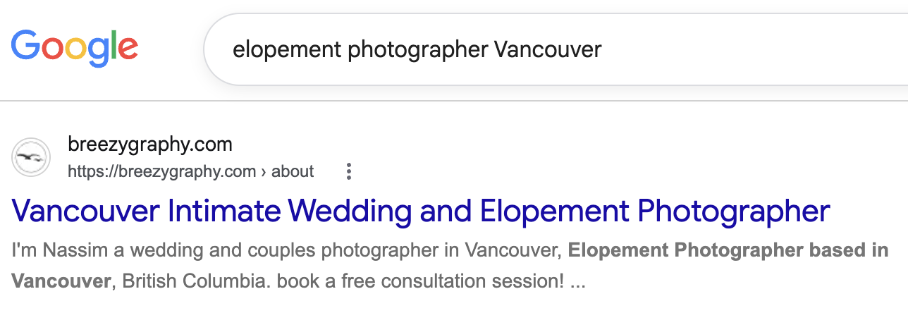 Breezy Photography - SEO Result - elopement photographer Vancouver